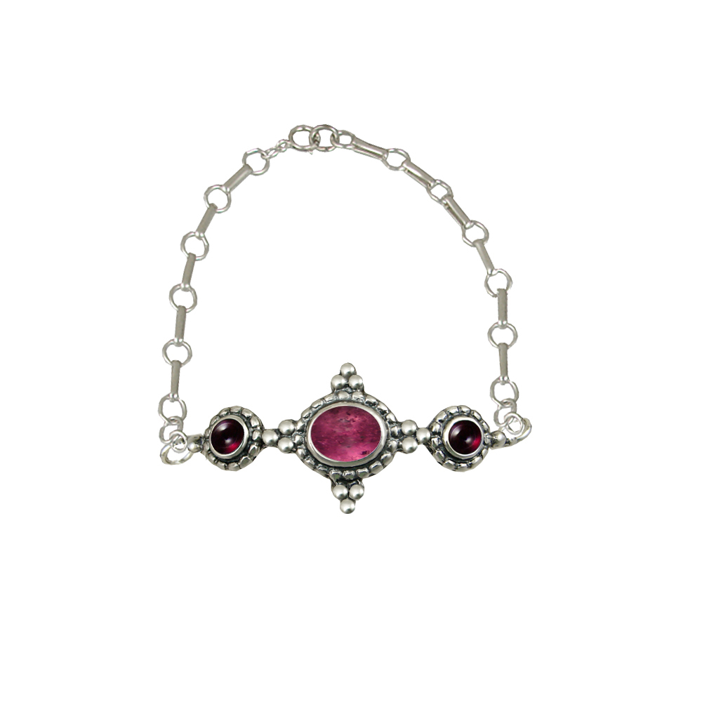Sterling Silver Gemstone Adjustable Chain Bracelet With Pink Tourmaline And Garnet